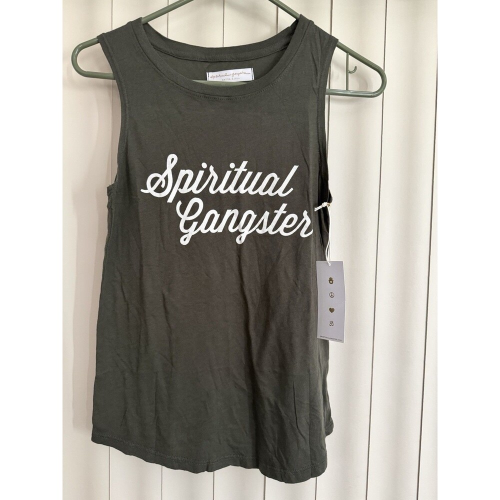 Spiritual Gangster Vintage Script Olive Muscle Tank Top XS NWT